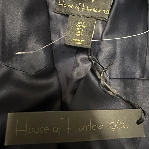 House Of Harlow 1960 Navy Blue Satin Double Long Sleeve Breasted Blazer